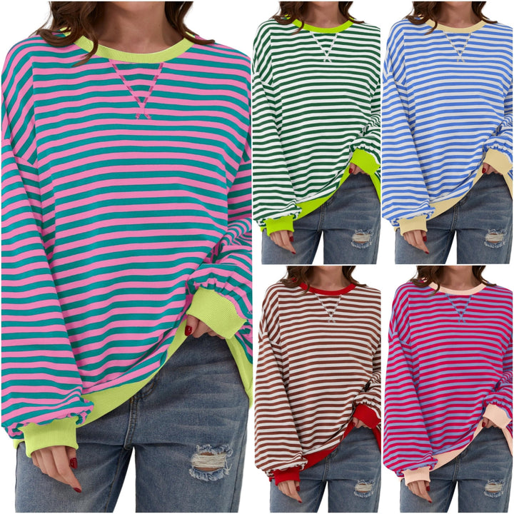 Oversized Striped Crew-Neck Sweatshirt - Holly