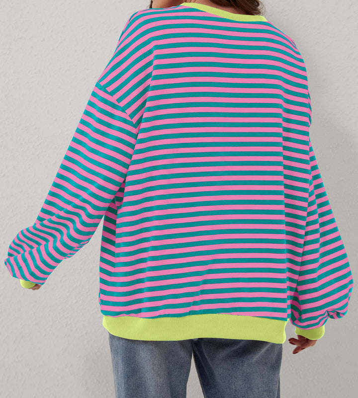 Oversized Striped Crew-Neck Sweatshirt - Holly
