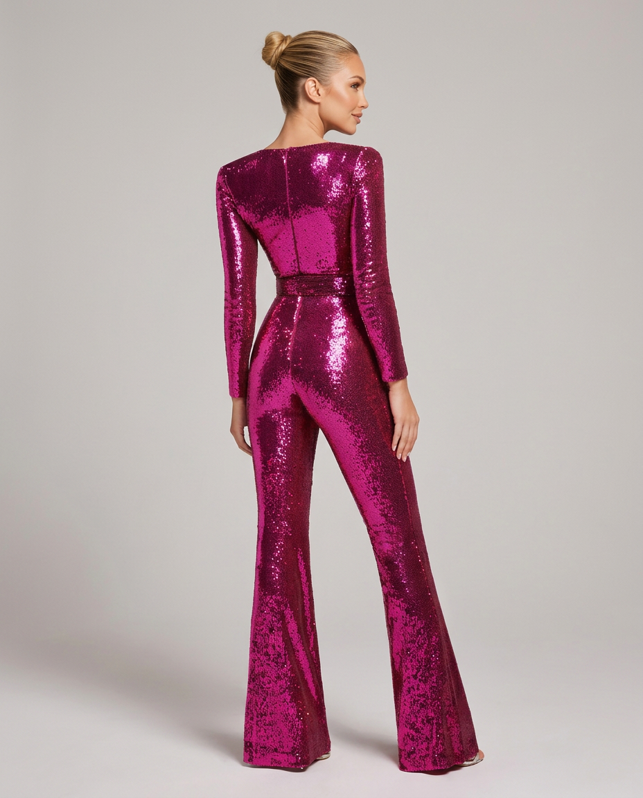 Achterkant van de fuchsiaroze paillettenjumpsuit met rits in het midden van de rug, lange mouwen en uitlopende pijpen. 2