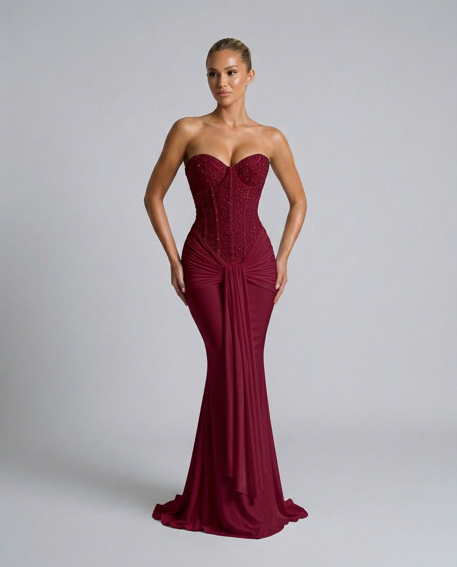 Bordeauxrode strapless jurk met strakke pasvorm, model staat met handen langs de heupen en kijkt opzij 5