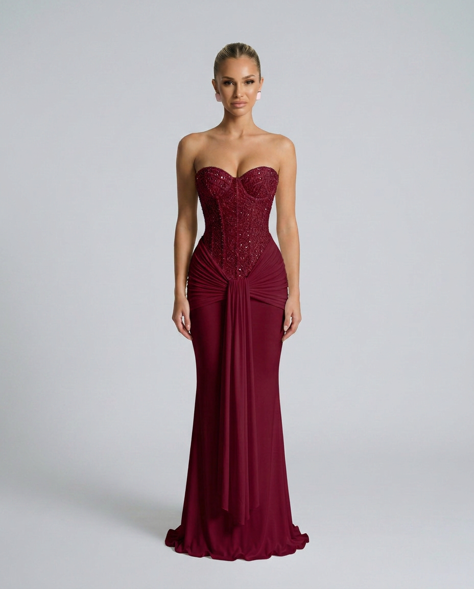 Bordeauxrode strapless jurk met glinsterend corsetlijfje en gedrapeerde taille, recht van voren gedragen door model 3