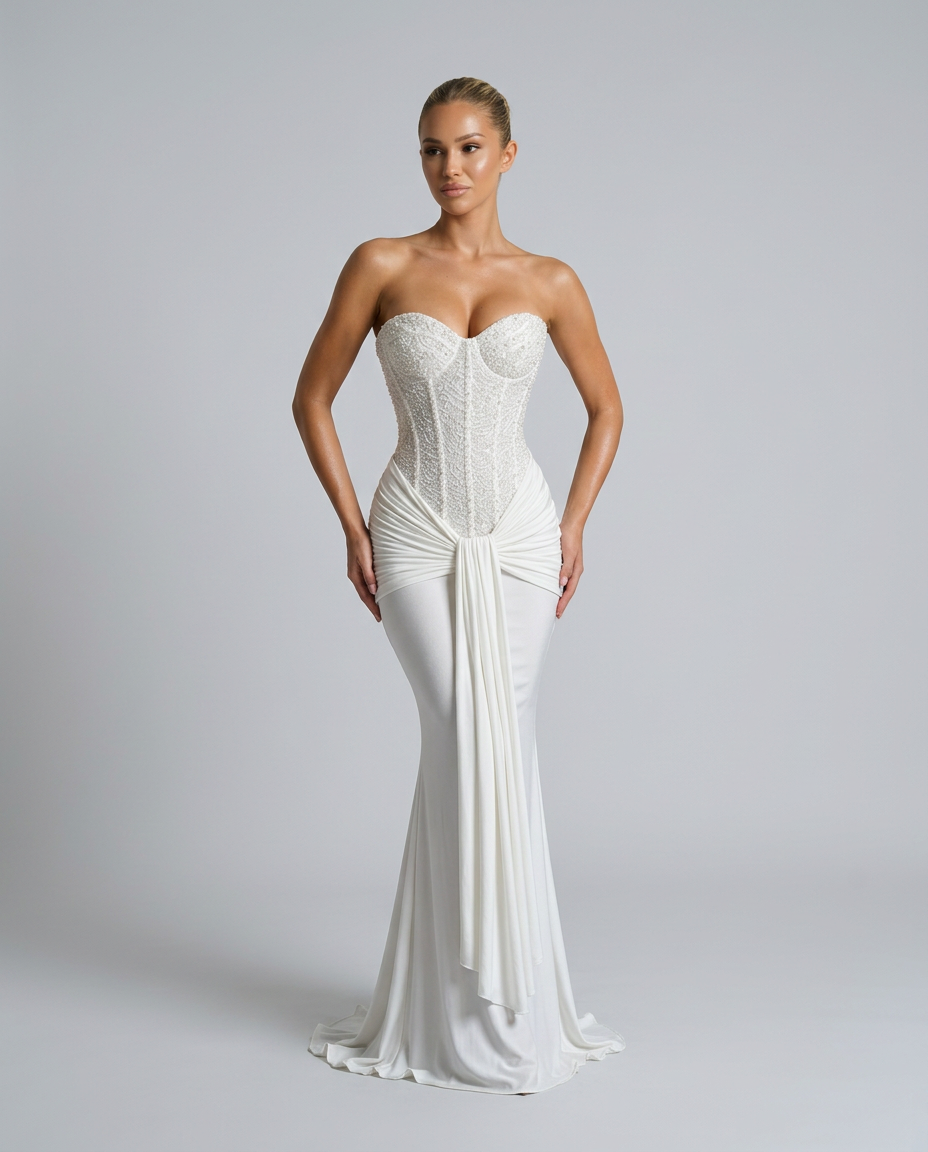 Witte strapless jurk met sleep, model poseert met handen langs de heupen en kijkt opzij 8
