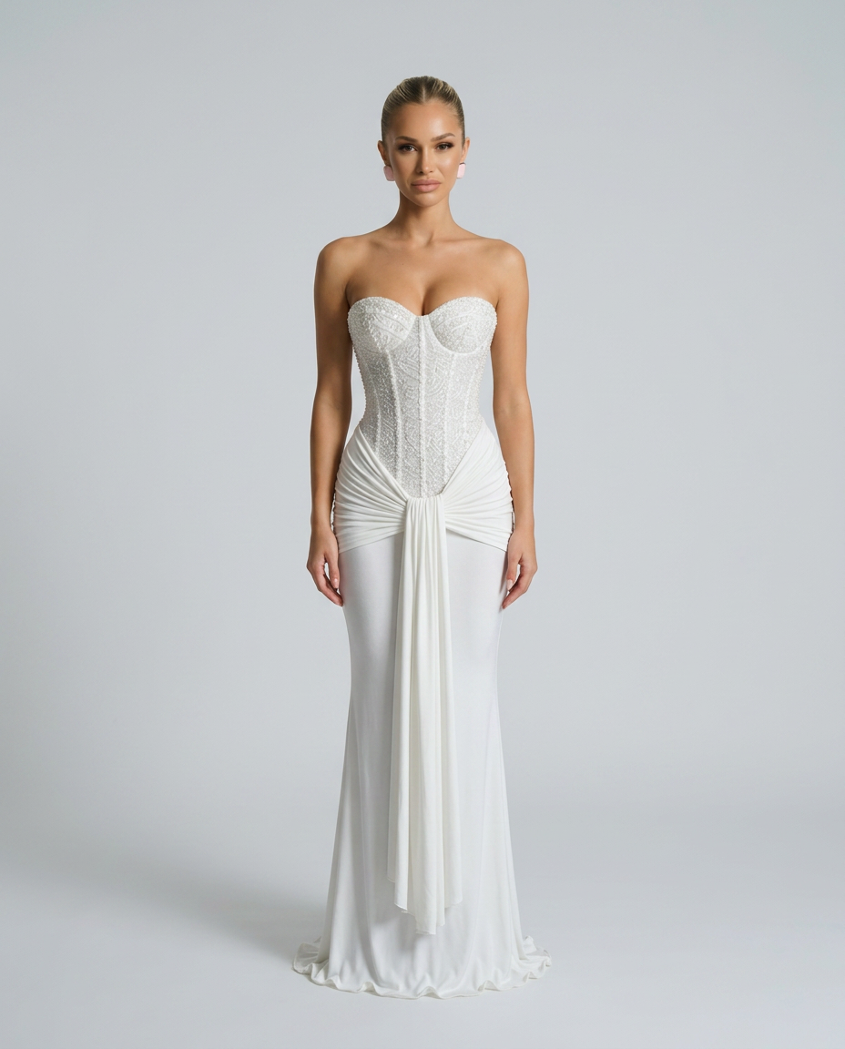 Witte strapless jurk met parelend corsetlijfje en gedrapeerde taille, recht van voren gedragen door model 6