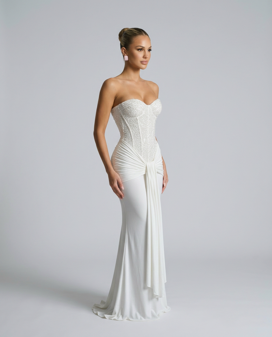 Witte strapless jurk met kralenlijfje en gedrapeerde strook, in driekwartprofiel gedragen door model 7