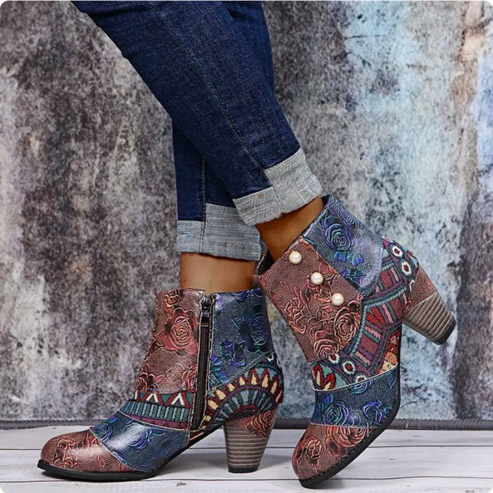 Patchwork Floral High Heel Boot - Rose