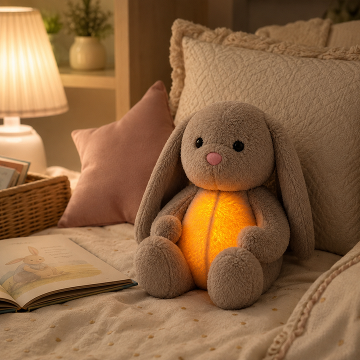 Pluchen konijn met oranje gloeiende buik op een bed met kussens, naast een opgeslagen prentenboek en een brandend lampje. 11