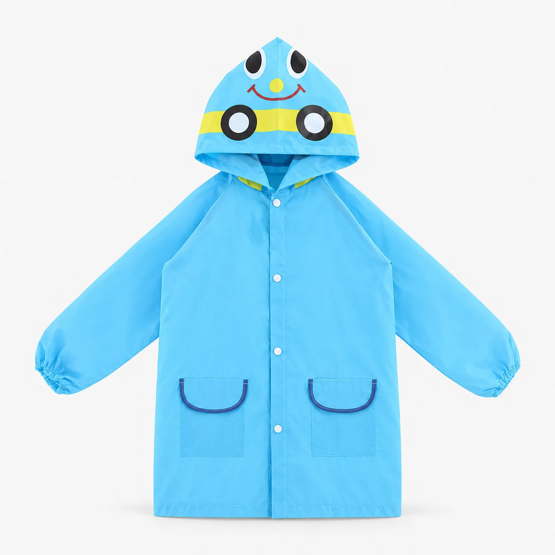 Blauw jack met lachend voertuiggezicht op de capuchon, plat neergelegd met drukknopen, twee zakken en elastische mouwuiteinden, voorkant. 2