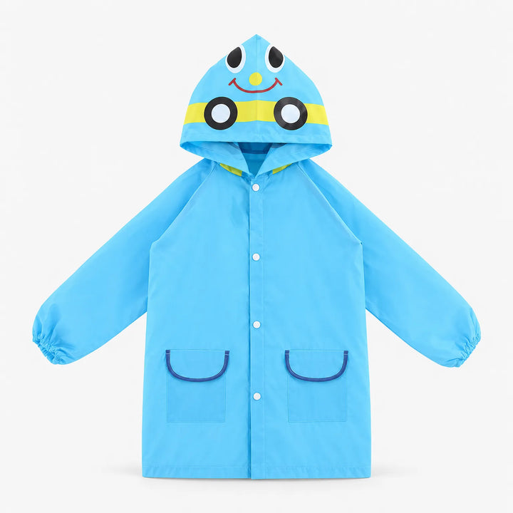 Blauw jack met lachend voertuiggezicht op de capuchon, plat neergelegd met drukknopen, twee zakken en elastische mouwuiteinden, voorkant. 2