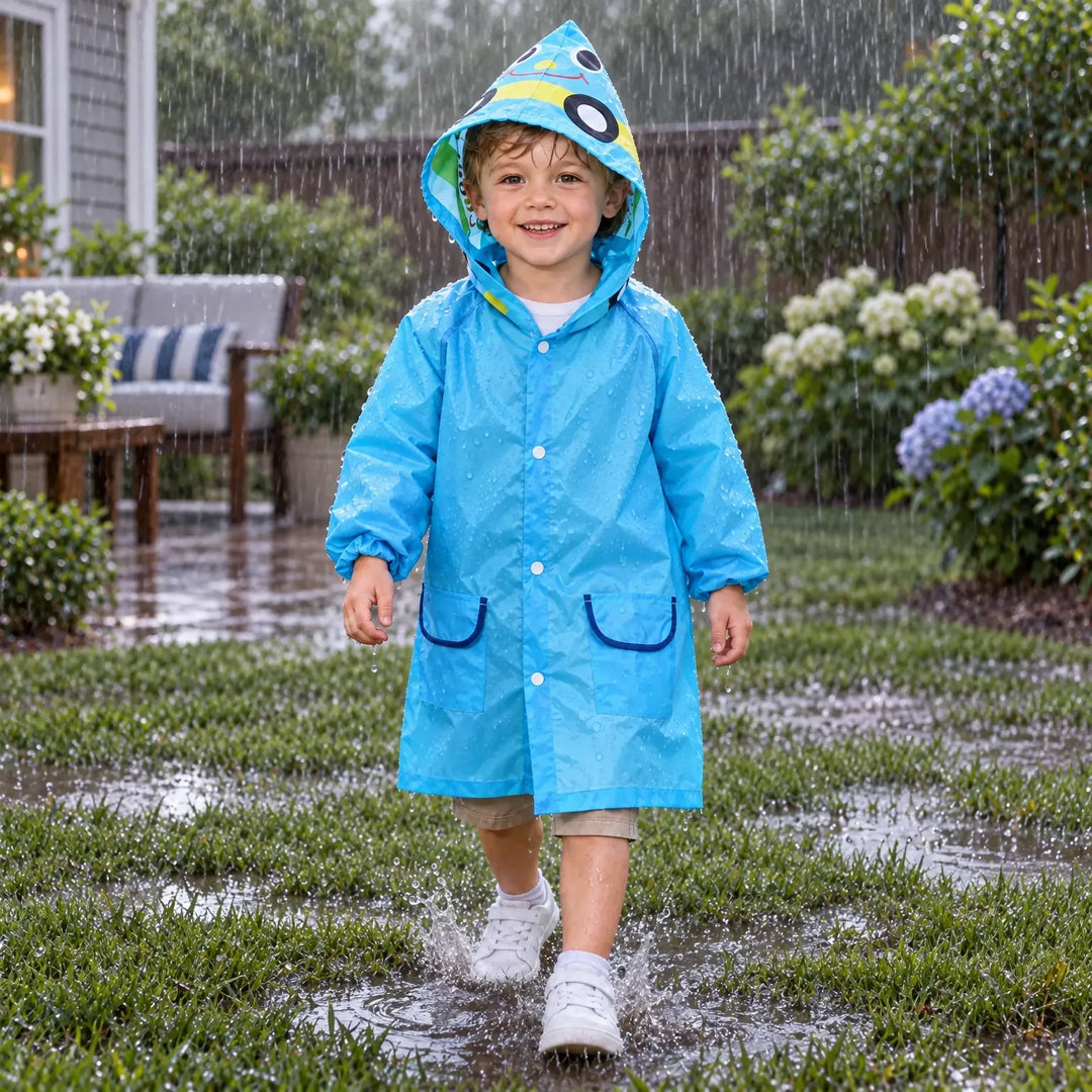 Lachend kind in blauw jack met capuchon op en natte regenspetters, loopt door een plas in de tuin. 3