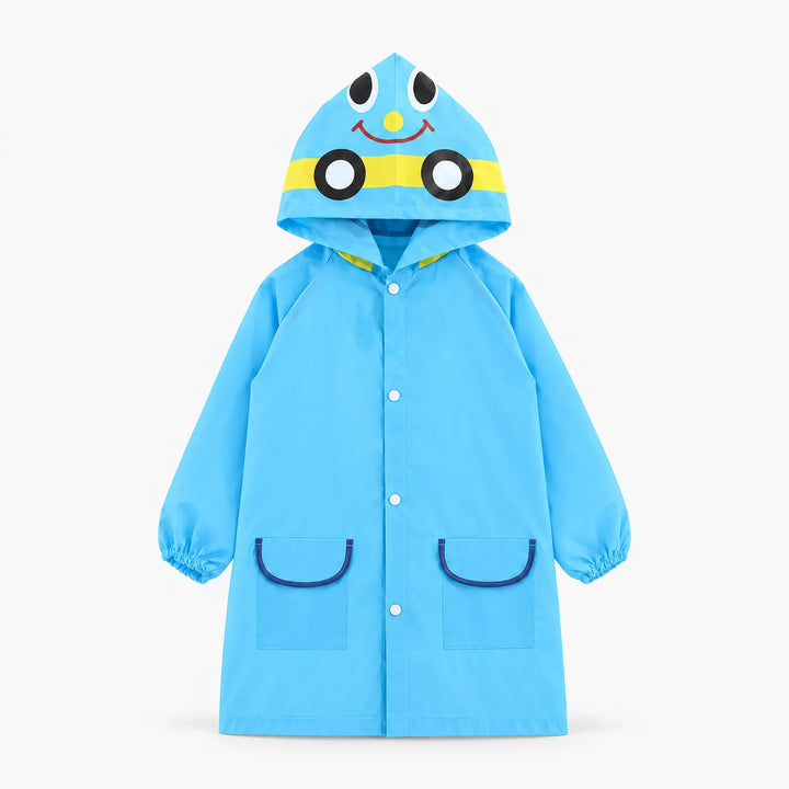 Blauw jack met lachend voertuiggezicht op de capuchon, losjes neergelegd met gesloten drukknopen en twee zakken met donkerblauwe rand. 7