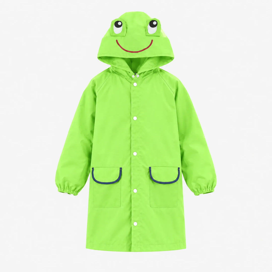 Groen jack met kikkergezicht en uitstekende oogjes op de capuchon, twee zakken met donkerblauwe rand en drukknopen. 8
