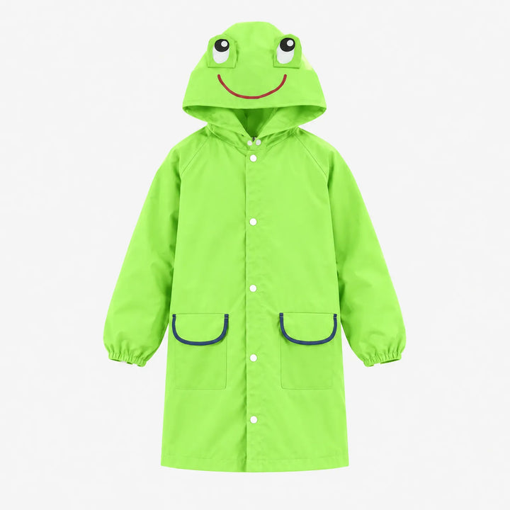 Groen jack met kikkergezicht en uitstekende oogjes op de capuchon, twee zakken met donkerblauwe rand en drukknopen. 8