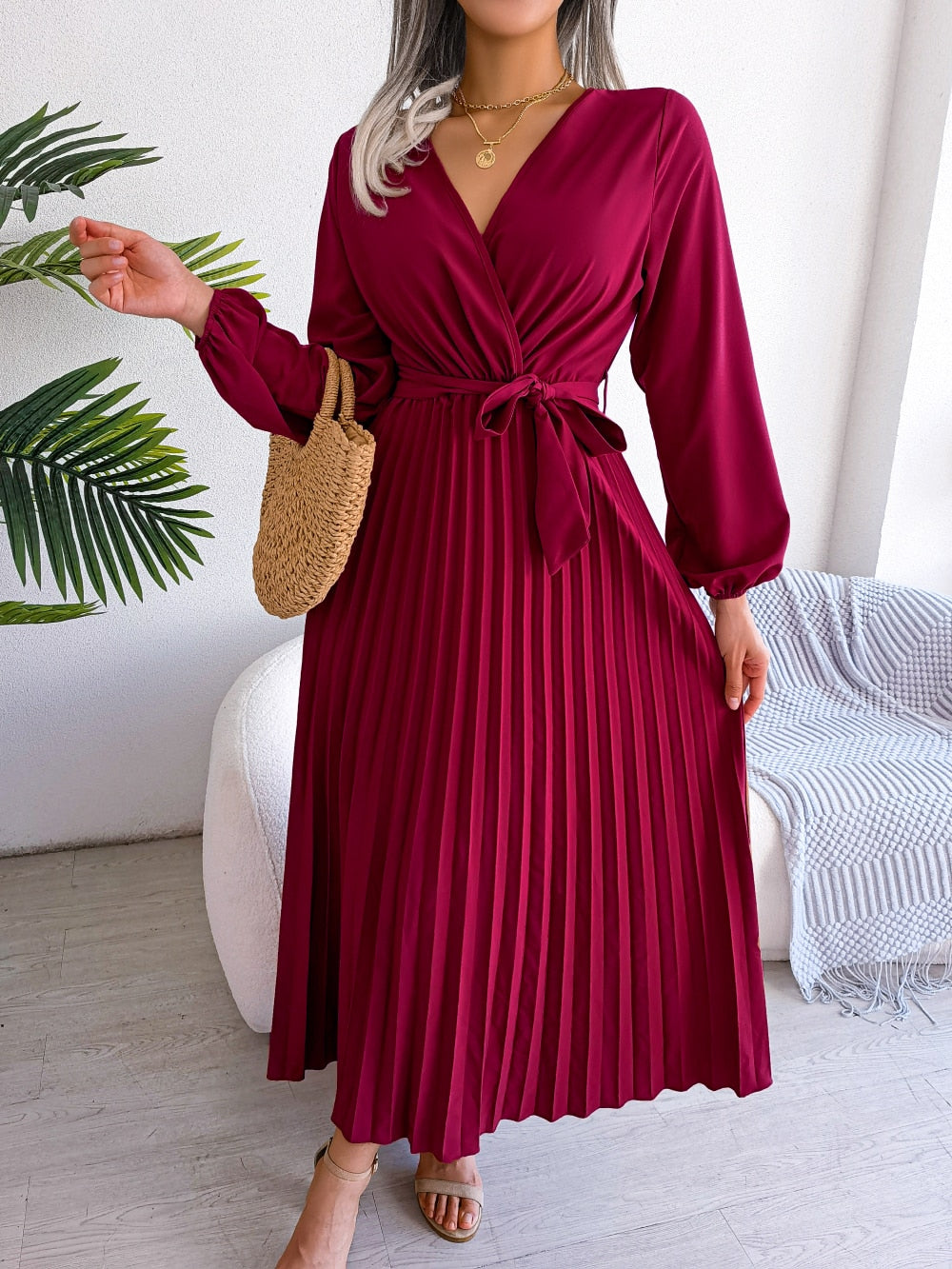 Pleated Maxi Dress With Lantern Sleeves - Ashley