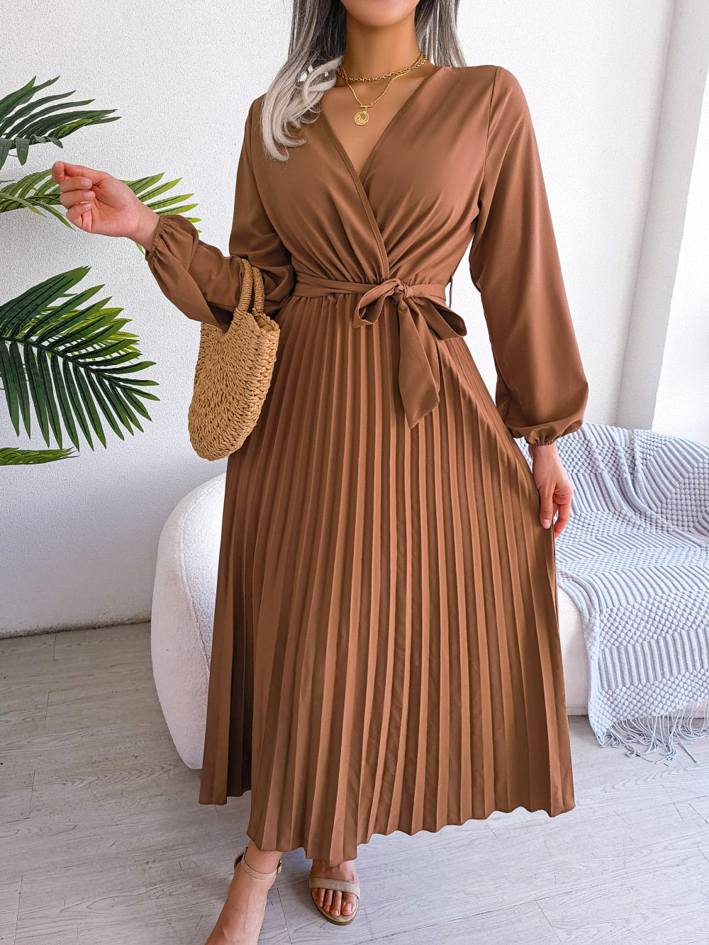 Pleated Maxi Dress With Lantern Sleeves - Ashley
