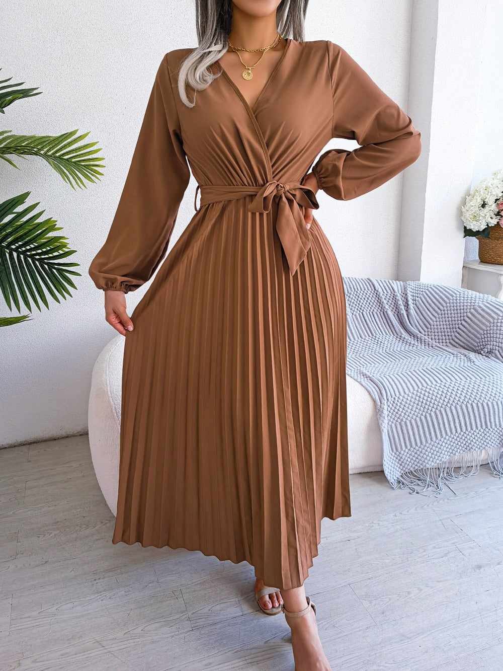 Pleated Maxi Dress With Lantern Sleeves - Ashley