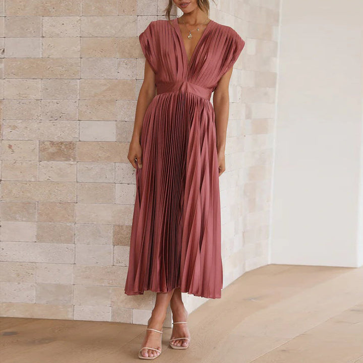 Pleated Midi Dress With V-Neckline - Sandy
