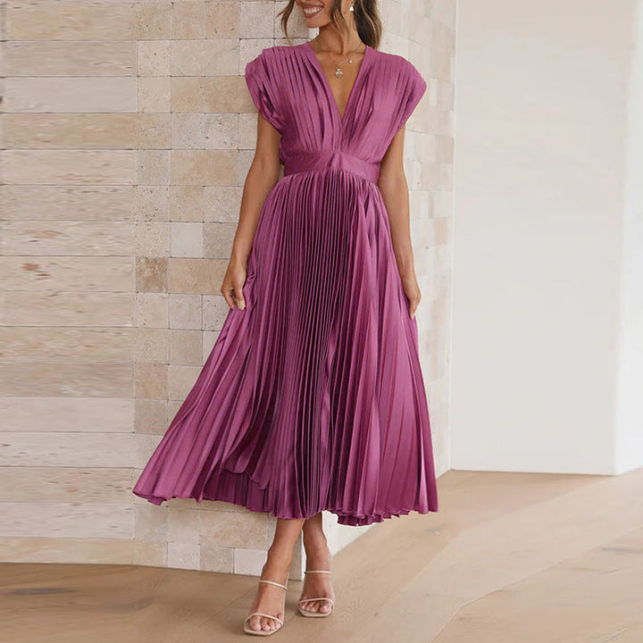 Pleated Midi Dress With V-Neckline - Sandy