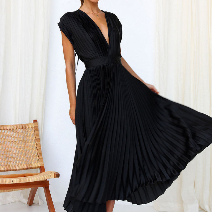 Pleated Midi Dress With V-Neckline - Sandy