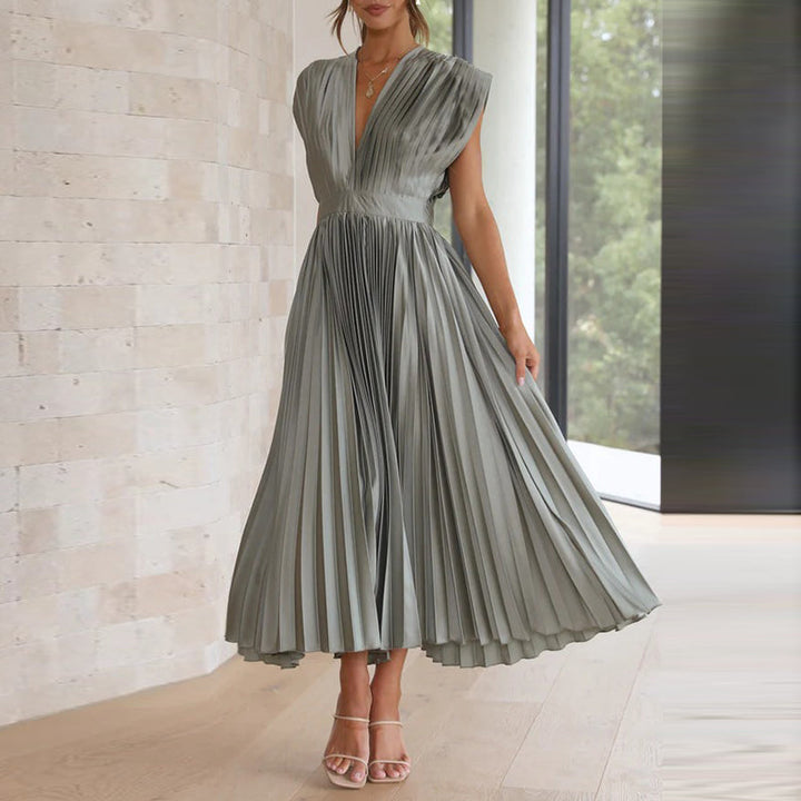 Pleated Midi Dress With V-Neckline - Sandy