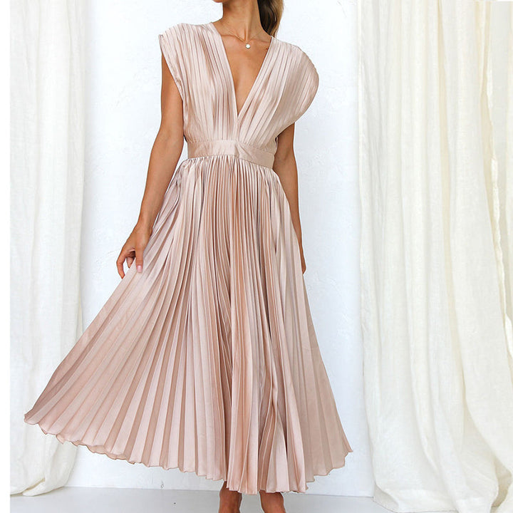 Pleated Midi Dress With V-Neckline - Sandy