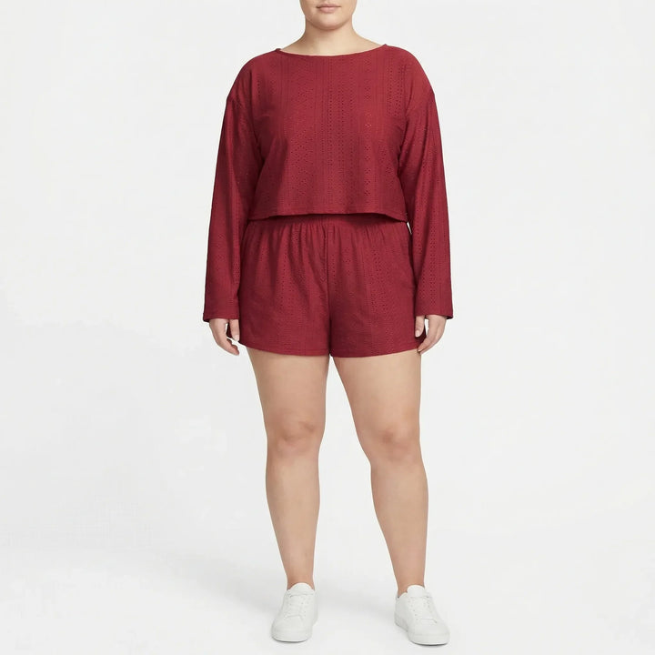 Plus Size Crew Neck Long Sleeve Top And Shorts Set - Charlene