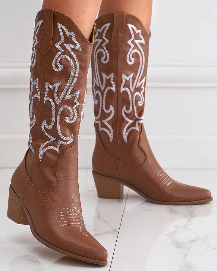 Pointed Toe Block Heel Cowboy Boot - Brandy