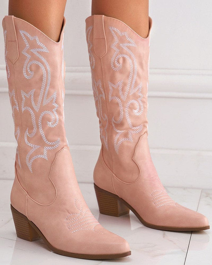 Pointed Toe Block Heel Cowboy Boot - Brandy
