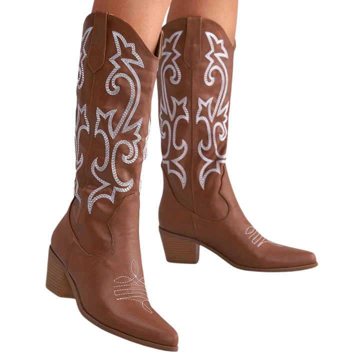 Pointed Toe Block Heel Cowboy Boot - Brandy
