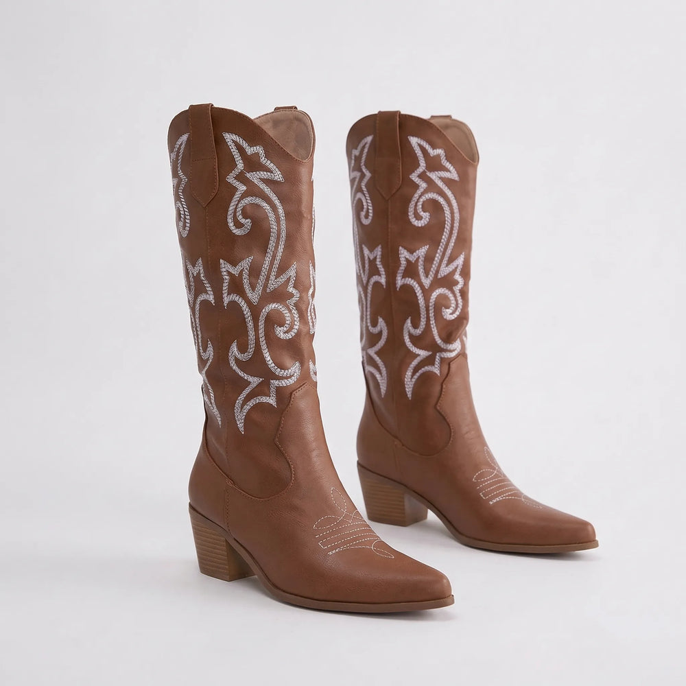 Pointed Toe Block Heel Cowboy Boot - Brandy