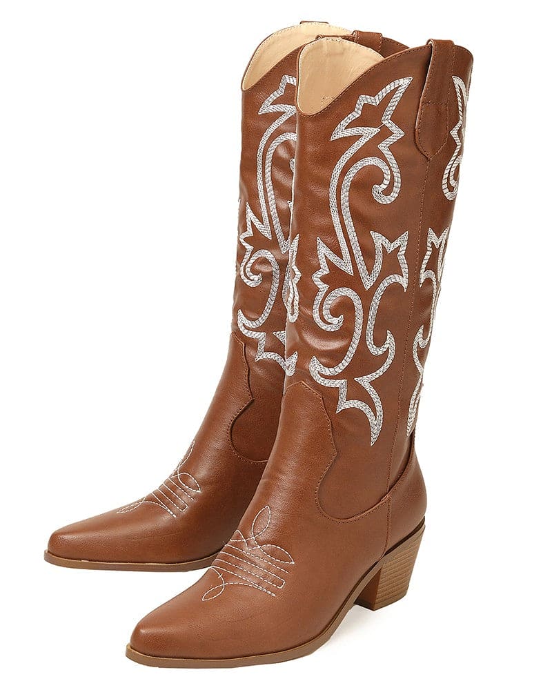 Pointed Toe Block Heel Cowboy Boot - Brandy