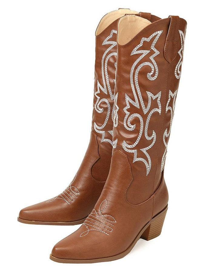 Pointed Toe Block Heel Cowboy Boot - Brandy