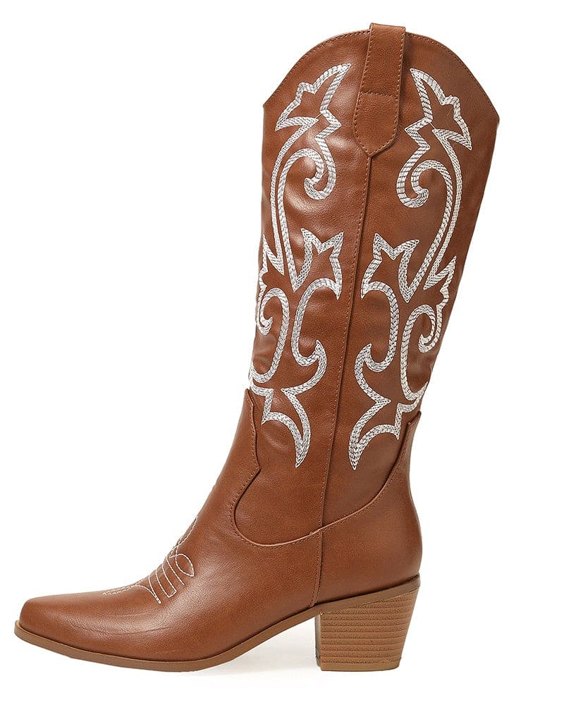 Pointed Toe Block Heel Cowboy Boot - Brandy