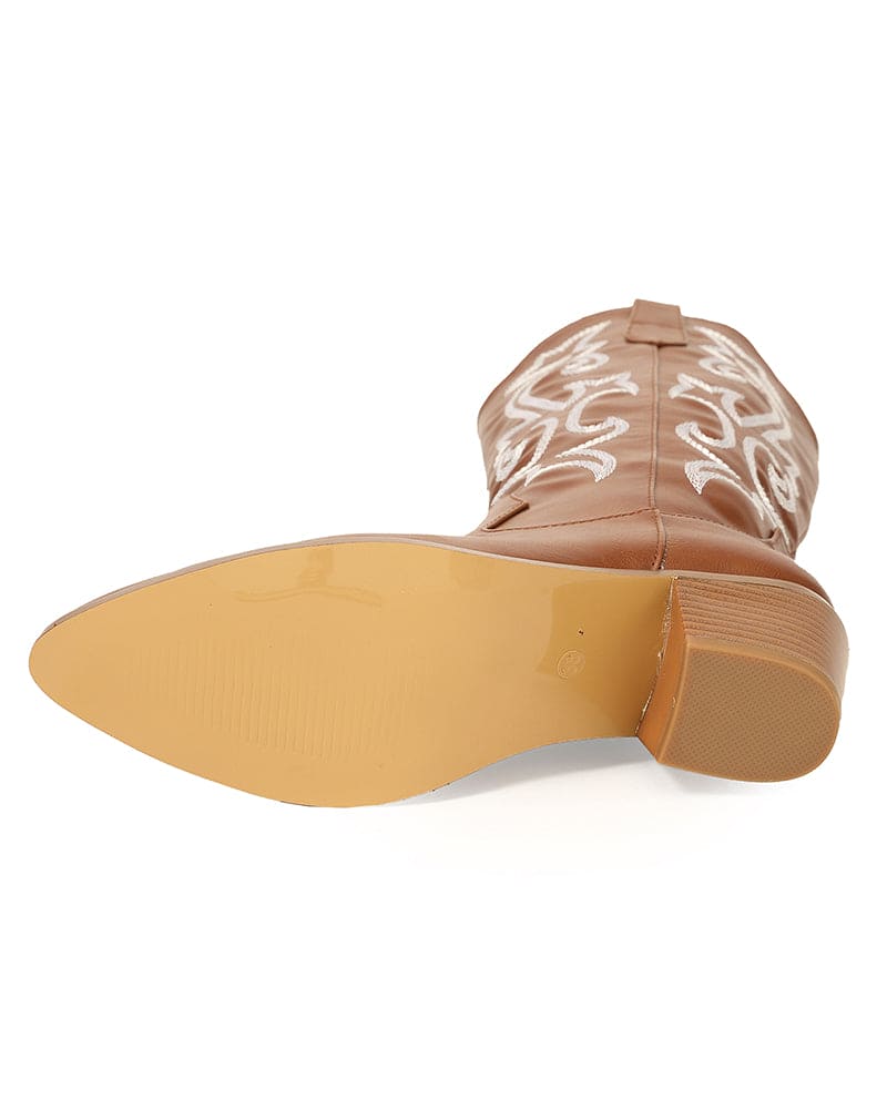 Pointed Toe Block Heel Cowboy Boot - Brandy