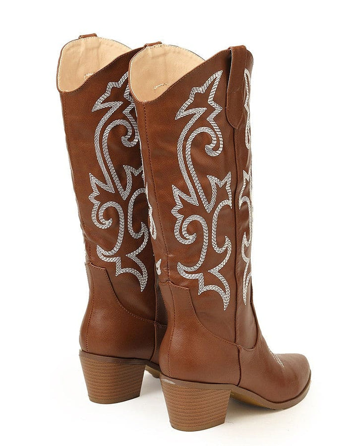 Pointed Toe Block Heel Cowboy Boot - Brandy