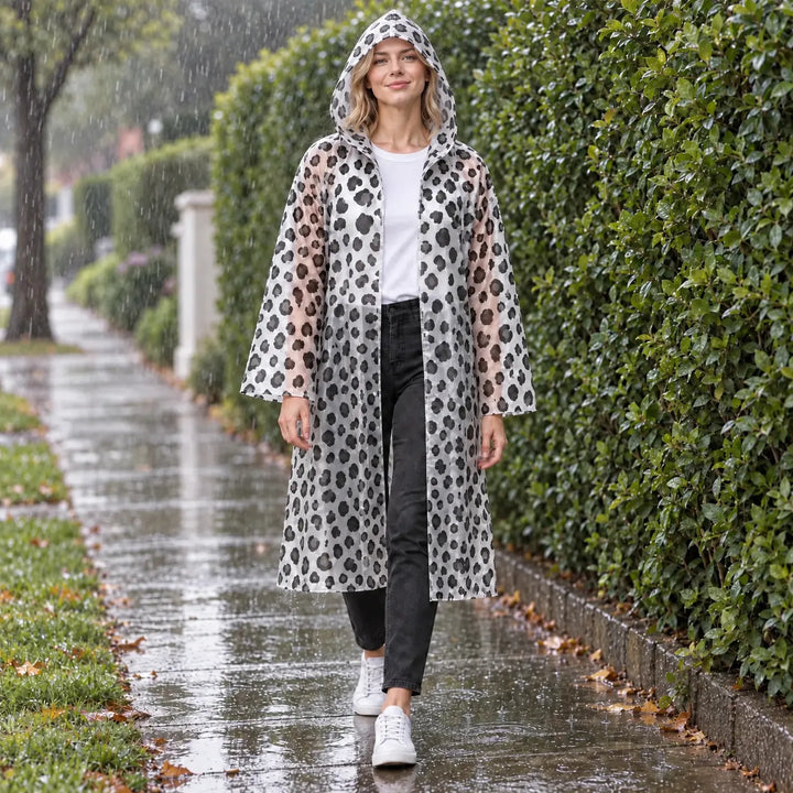 Vrouw loopt in de regen over een natte stoep, gekleed in een doorzichtige regenjas met zwarte luipaardprint en capuchon. 1