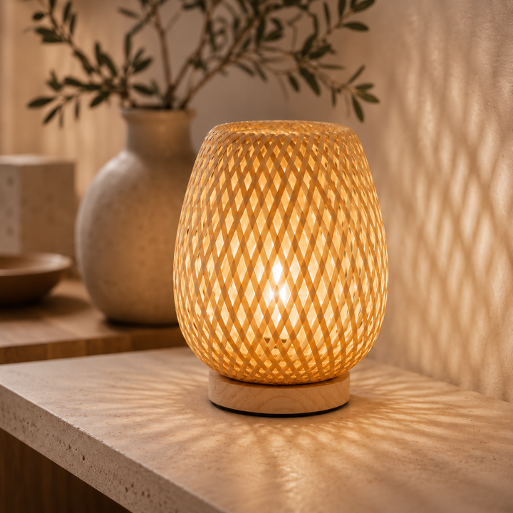 Close-up van de brandende lamp met geweven bamboe kap op een houten voet, die ruitvormige schaduwpatronen op de wand werpt. 1