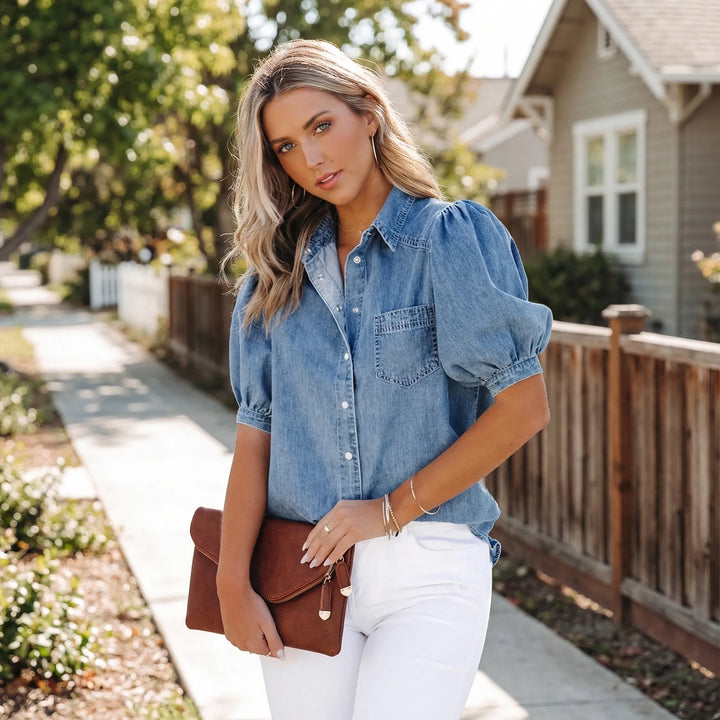 Puff Sleeve Denim Button-Up Shirt - Mable