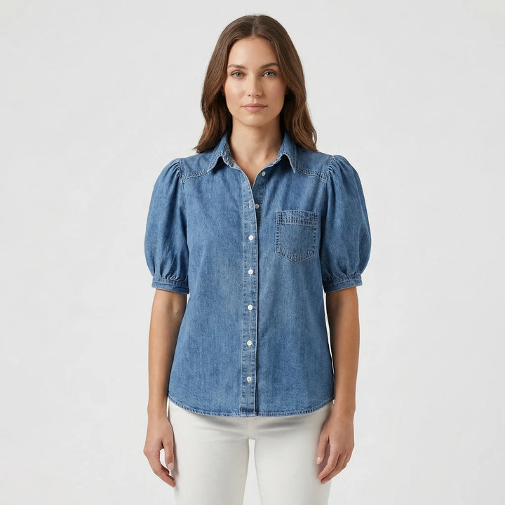Puff Sleeve Denim Button-Up Shirt - Mable