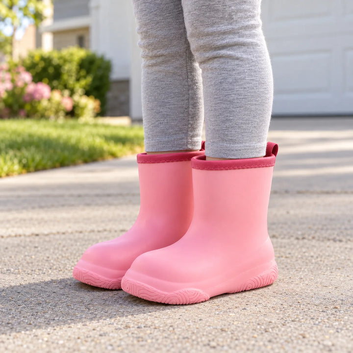 Kind draagt roze laarsjes met donkerroze rand en grijze legging, staand op een oprit voor een huis met bloeiende struiken. 1