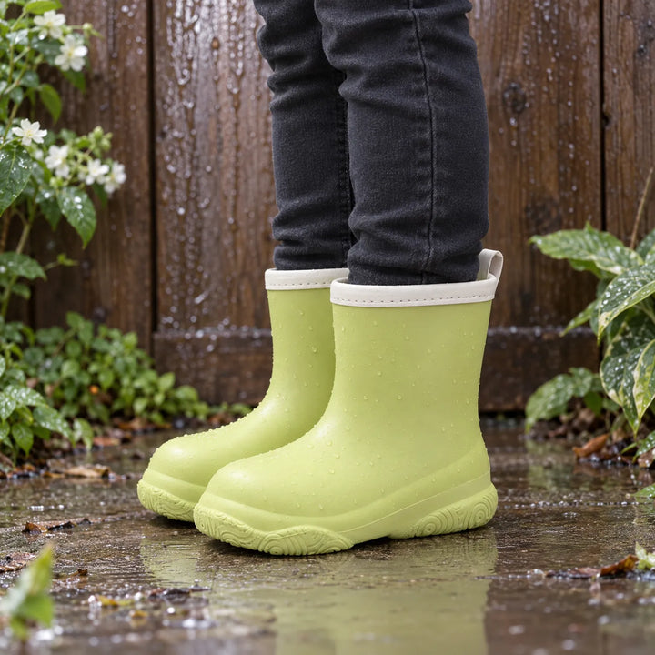 Kind draagt groene laarsjes met crèmekleurige rand in de regen, staand in een plas voor een natte houten schutting. 3