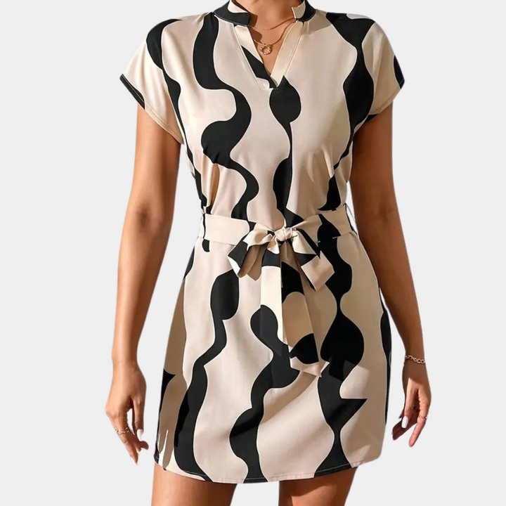 Trendy Beige Dress with Belt - Elena