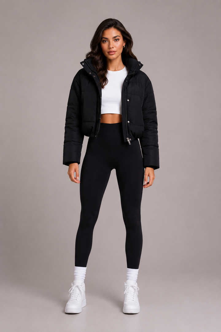 Model in volledige lengte draagt de zwarte pufferjack open met wit crop topje, zwarte legging en witte sneakers, voorkant. 2