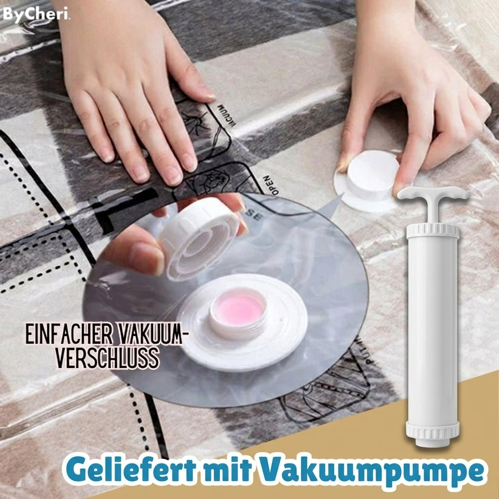 Handen sluiten het ventiel van een vacuümzak, met een uitvergroting van de witte dop en een witte handpomp ernaast. 3