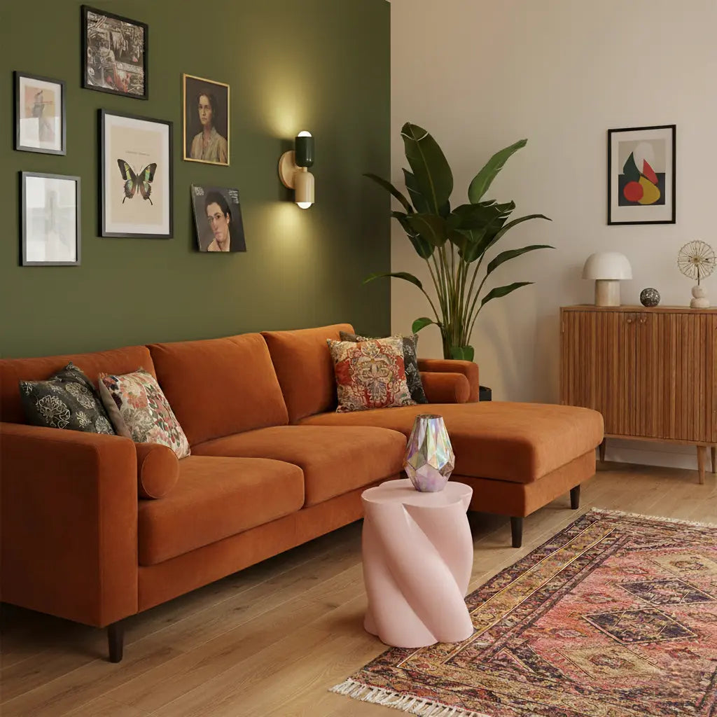 Wandlamp in donkergroen en crème op een olijfgroene muur boven een oranje hoekbank met kussens en een roze bijzettafel. 9