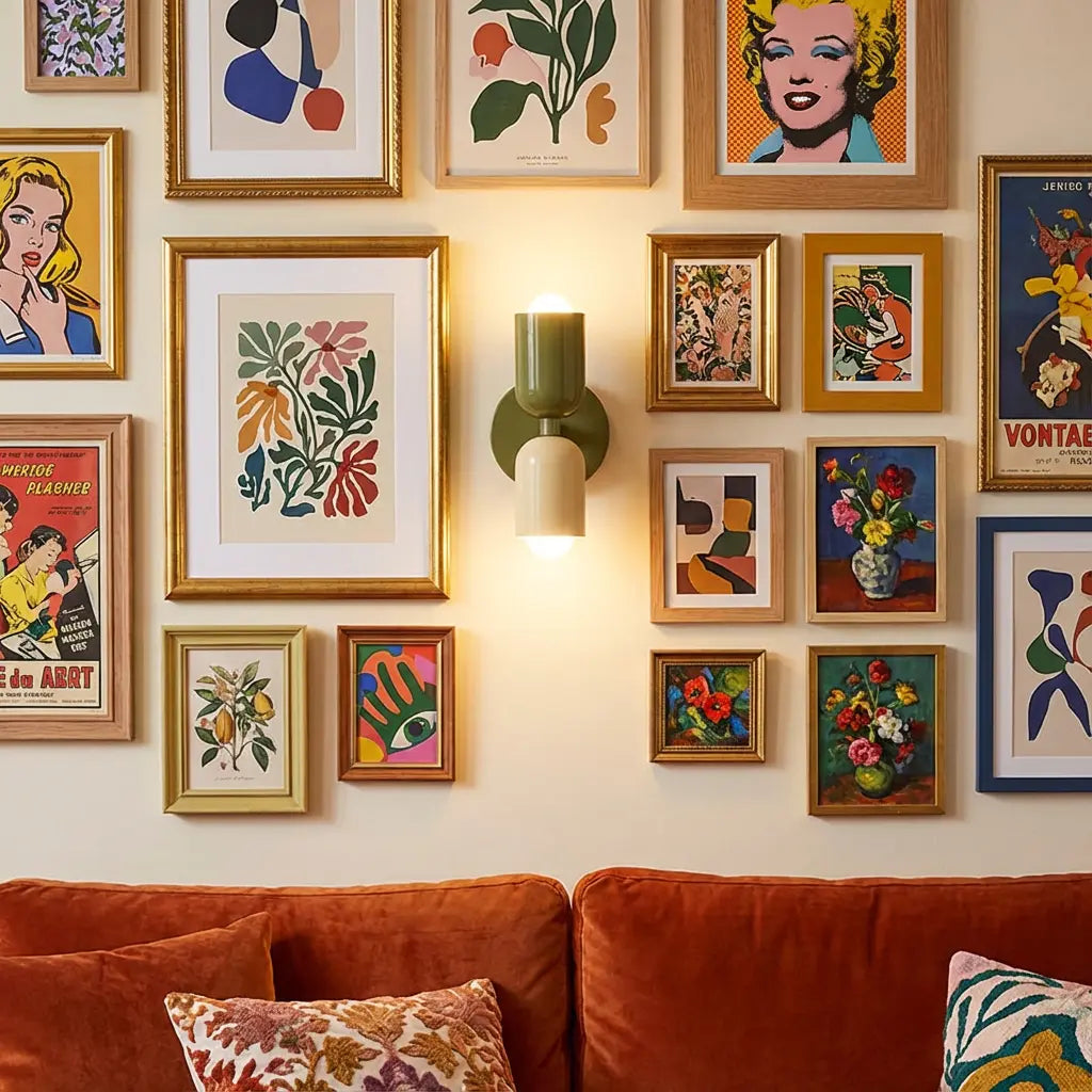 Brandende wandlamp in olijfgroen en crème midden in een galerijwand met kleurrijke prints, boven een roestkleurige bank. 6