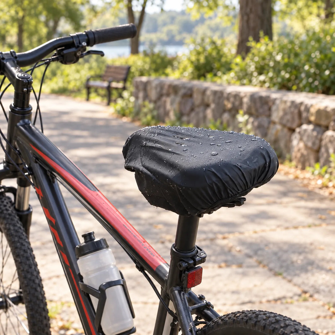 Zwarte zadelhoes met druppels op een fiets met bidonhouder en achterreflector, op een fietspad langs een stenen muurtje. 3