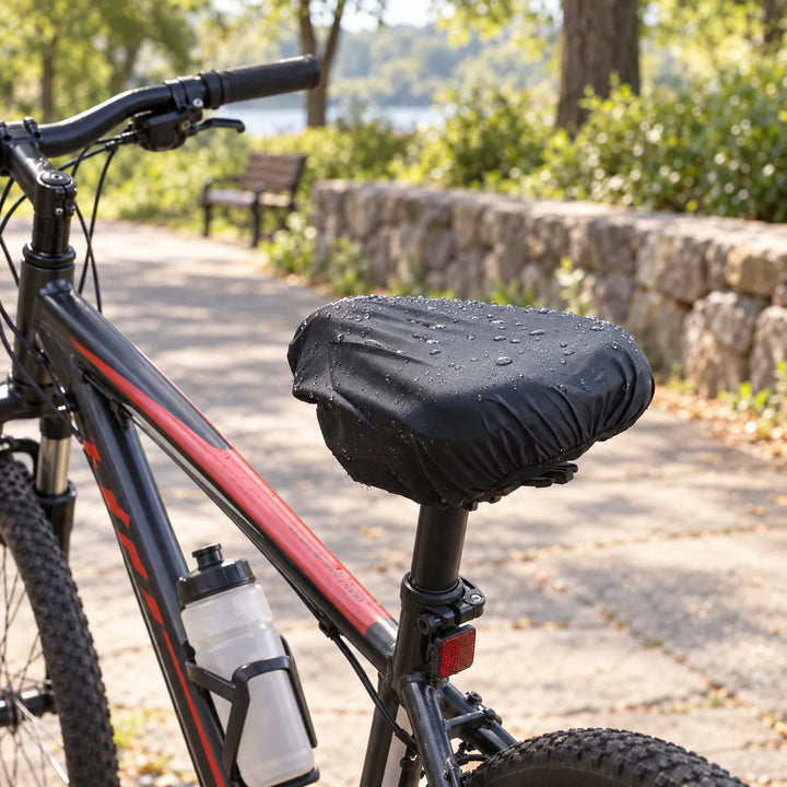 Zwarte zadelhoes met druppels op een fiets met bidonhouder en achterreflector, op een fietspad langs een stenen muurtje. 3