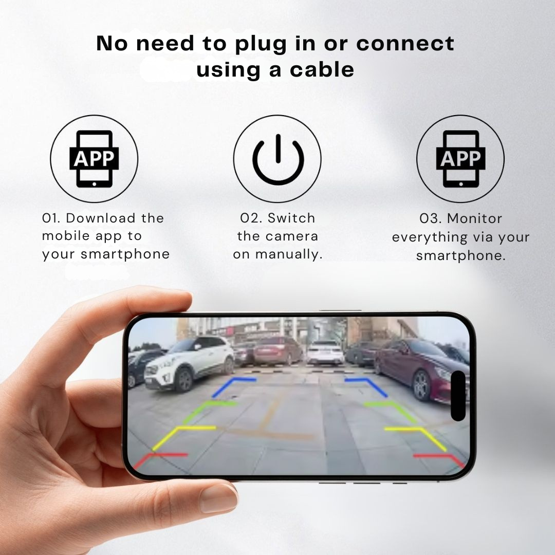 Hand houdt een smartphone vast met het beeld van een parkeerplaats en gekleurde hulplijnen, naast drie stappen voor het verbinden zonder kabel. 3
