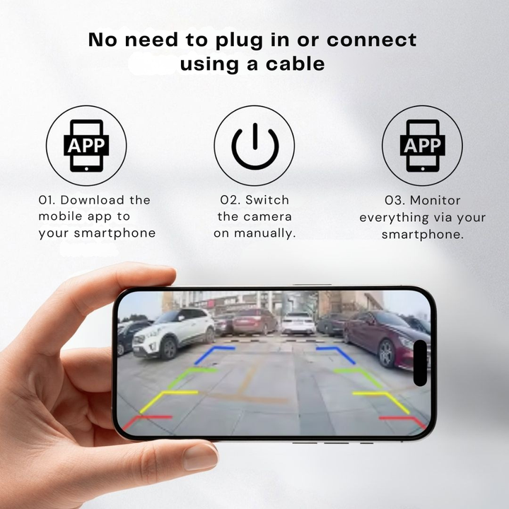 Hand houdt een smartphone vast met het beeld van een parkeerplaats en gekleurde hulplijnen, naast drie stappen voor het verbinden zonder kabel. 3