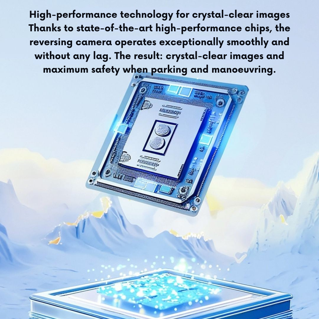 Illustratie van een zwevende, blauw oplichtende chip boven een ijzig berglandschap, als symbool voor de krachtige processor van de camera. 4